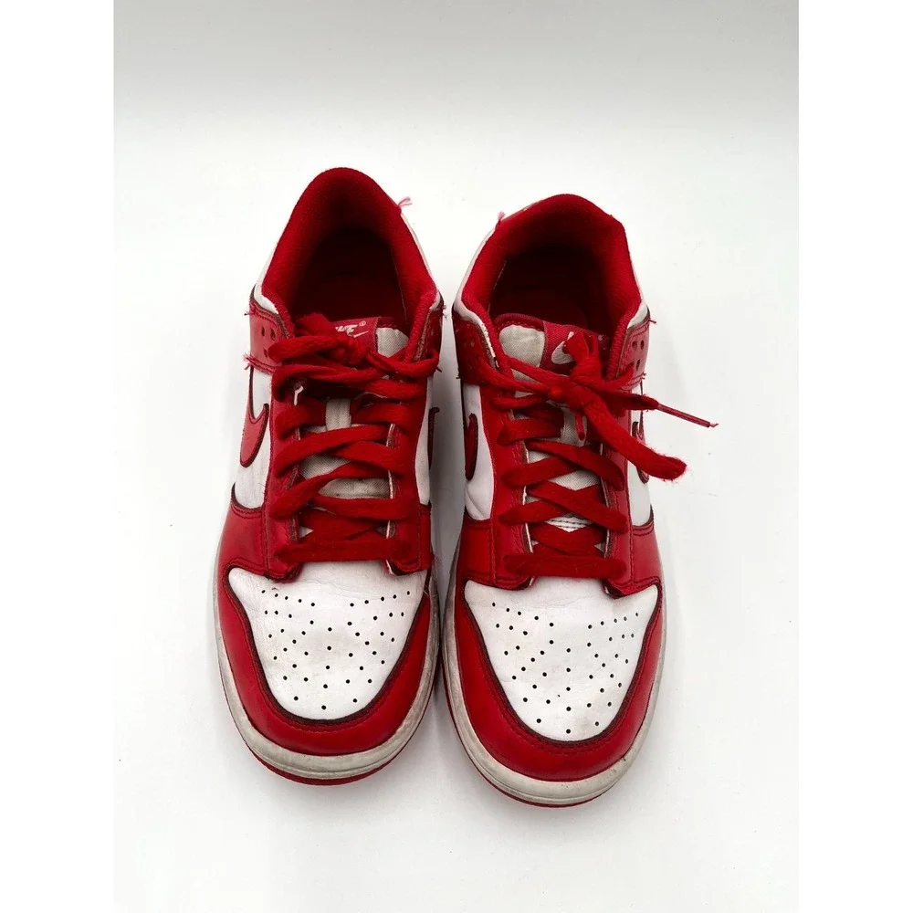 Nike Dunk Low‎ Youth 6.5 Shoes Summit White Red Leather Swoosh Lace Up Sneakers